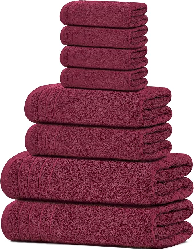 8 Piece Towel Set, 2 XL Bath, 2 Hand, 4 Washcloth, Burgundy | 100% Cotton by TensTowels