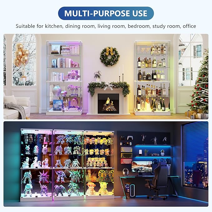 Glass Display Cabinet with RGB Lights - 5-Tiers Curio Cabinet Display Case with Lock, Frameless Tall Showcase Display Shelf for Collectibles & Legos, Living Room Bookcase Storage Cabinet (White)