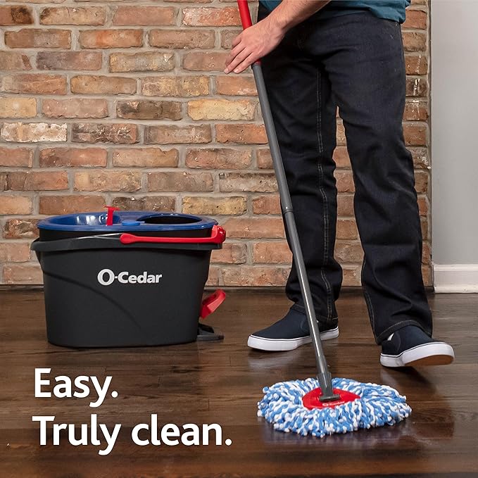 O-Cedar RinseClean Spin Mop & Bucket System + 2 Extra Mop Heads| Clean with Water | Removes 99% of Bacteria Plastic