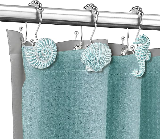 Sunlit Seashells Decorative Double Shower Curtain Hooks, Aqua Blue Ocean - Image 5
