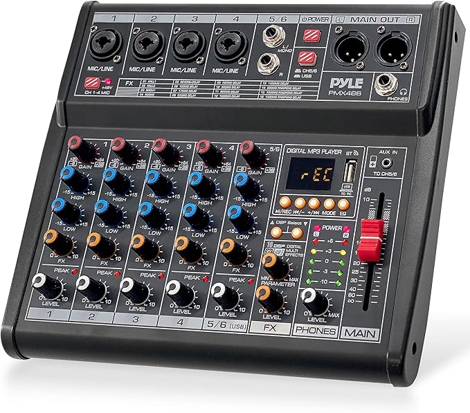 Pyle Professional Bluetooth DJ Audio Mixer - 6-Channel DJ Controller Sound Mixer w/DSP 16 Preset Effects, USB Interface, 4 XLR Mic/Line Input, AUX, FX Processor MP3 Player, Headphone Jack - PMX466