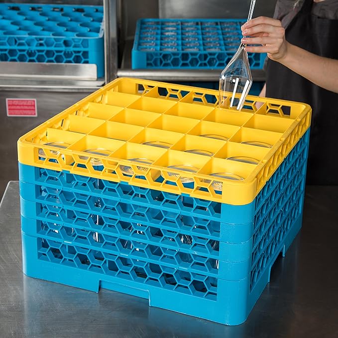 CFS RG25-5C411 OptiClean 25 Compartment Glass Rack with 5 Extenders, 11.9", Polypropylene, Yellow/CFS Blue