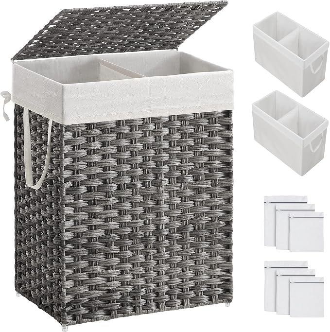SONGMICS Laundry Hamper with Lid, 90L Double Wicker Basket, 6 Mesh Bags by Unknown