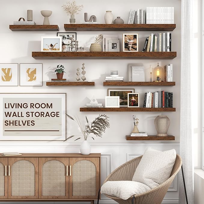 Floating Shelves for Wall 72"W x 11.6"D x 2"H, Engineered Wood Wall Shelves with Invisible Brackets for Living Room Bedroom Bathroom Office Kitchen Decor and Storage, Rustic Brown Finish, Set of 1
