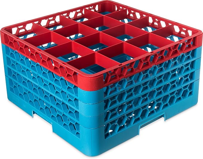 CFS RG16-4C410 OptiClean 16 Compartment Glass Rack with 4 Extenders, 10.3", Polypropylene, Red/CFS Blue