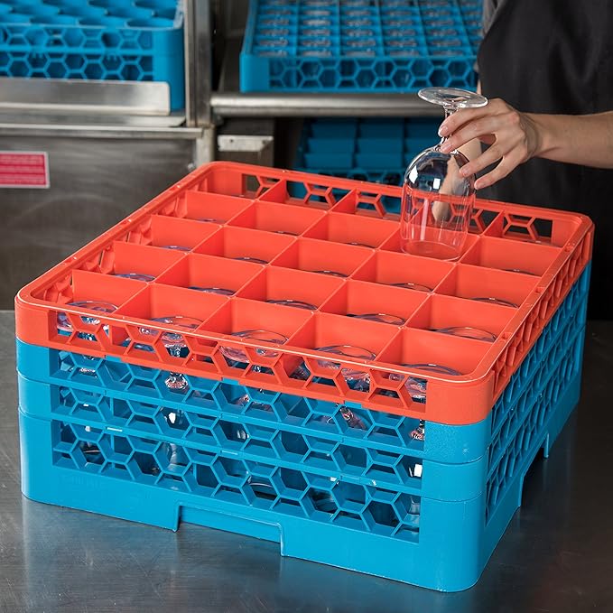 CFS RG25-3C412 OptiClean 25 Compartment Glass Rack with 3 Extenders, 8.72", Polypropylene, Orange/CFS Blue