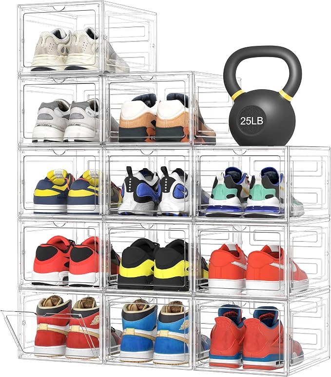 Pinkpum Upgraded Hard Shoe Storage Box 12 Pack XL Clear Shoe Organizer by Pinkpum