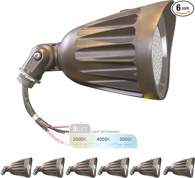 NUWATT 25W Bullet Spot Lights Outdoor LED Landscape Light, 3500 LM Bright Outdoor Lighting for Yard, 30K/40K/50K Selectable, 1/2" Knuckle Mount, 120-277V Waterproof Flag Pole Lights (6-Pack)