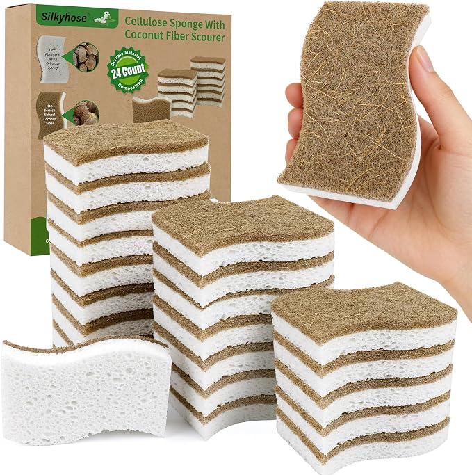 Silkyhose 24 Pack Natural Kitchen Sponges, Cellulose Coconut & Non-Scratch | by Silkyhose