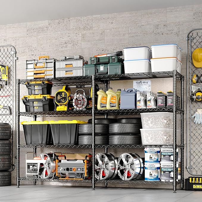 GarveeLife 70" H Storage Shelves L-Shaped 1325 LBS Heavy Duty Metal Shelving 4-Tier Wire Shelving for Corner Storage Rack Adjustable Pantry Shelf for Kitchen Pantry, 70.8" W x 59.4" H x 15.7" D