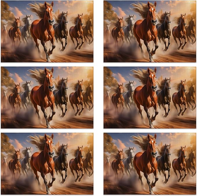 12x18 Inch Running Herd Horse Placemats Set of 6 - Waterproof, Non-Slip & Washable Summer Fall Placemats for Kitchen & Dining Table Placemats