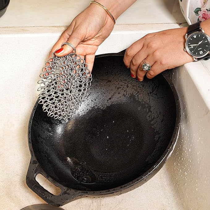 Mythrojan Cast Iron Cleaner, 7 Inches Stainless Steel Round Chainmail Scrubber For Cast Iron Pan Skillet, Wok, Pot, Pan; Pre-Seasoned Pan Dutch Ovens Waffle Iron Pans Scraper Cast