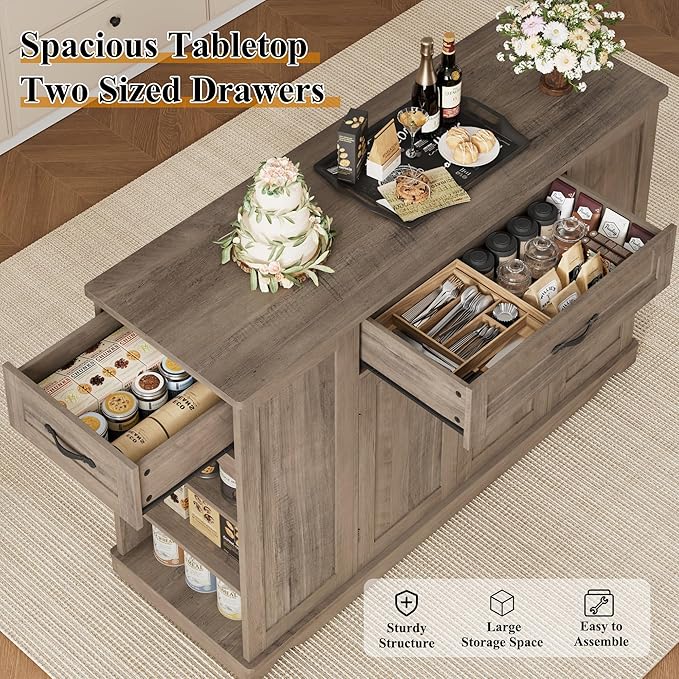 HOSTACK Kitchen Island Cart with Storage, 47'' Kitchen Storage Island on Wheels with 2 Drawers, Rolling Island Table with Adjustable Shelves, Mobile Buffet Sideboard Cabinet for Dining Room, Ash Gray