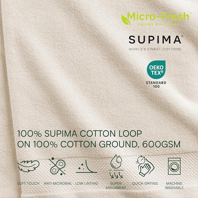 Lacoste Heritage Supima Cotton 6-Piece Towel Set, Chalk | Highly Absorbent - Image 2