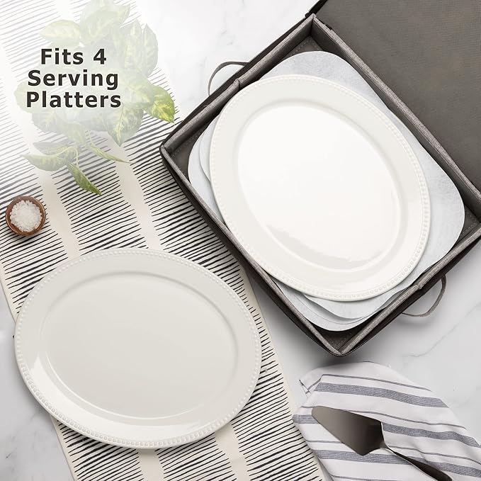 Platter Storage Case - Hard Shell and Stackable with Padded Interior - Fits 4 Serving Platters - 3 Large Felt Dividers Included - 17"W x 13"D x 4"H - China Storage Containers for Plates