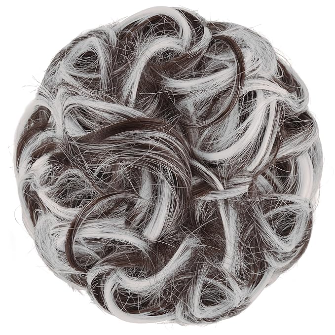 FESHFEN Large Messy Bun Hair Piece - Wavy Synthetic Chignon Scrunchies Elastic Ponytail Hair Extensions Thick Hairpieces for Women, Brown Gray Mix 1.94oz