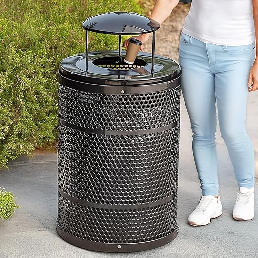 32 Gallon Perforated Trash Can with Rain Bonnet Lid, Steel Outdoor Heavy-Duty Commercial Waste Bin, Round Recycle Container, Durable Garbage Can for Parks, Municipalities, Schools, Parking