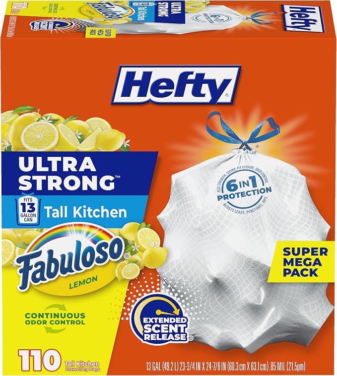 Hefty Ultra Strong 13 Gal Kitchen Trash Bags, Fabuloso Lemon, 110ct | Bulk Pack by Hefty