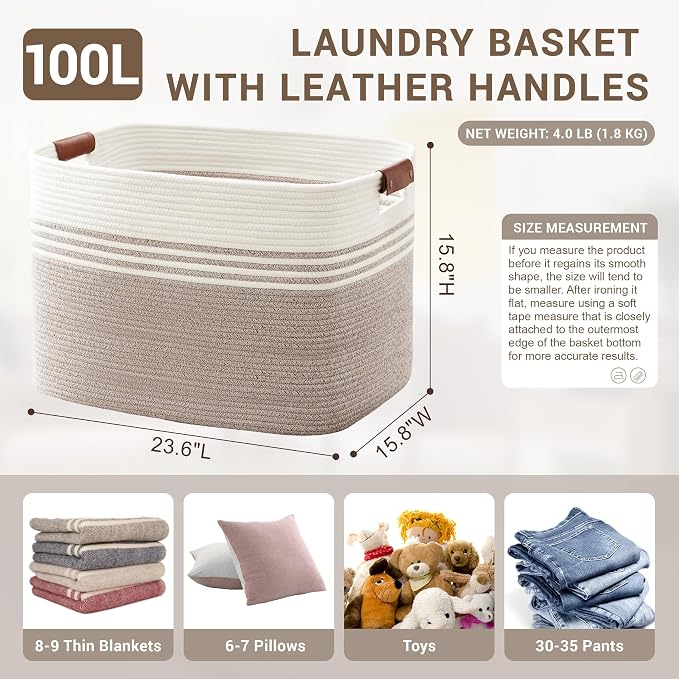 100L Large Woven Laundry Basket Hamper - Image 2