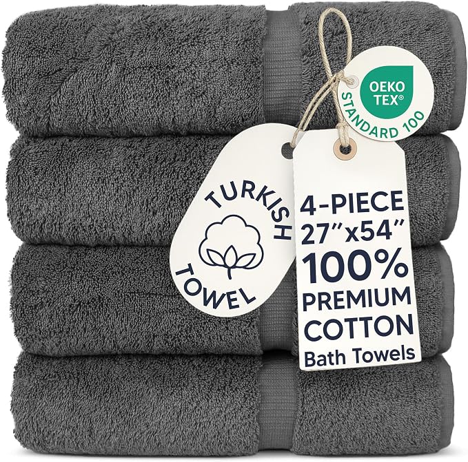 Chakir Turkish Linens 100% Cotton 4-Pack Bath Towels 27x54, Dark Gray | Premium by ChakirTurkishLinens