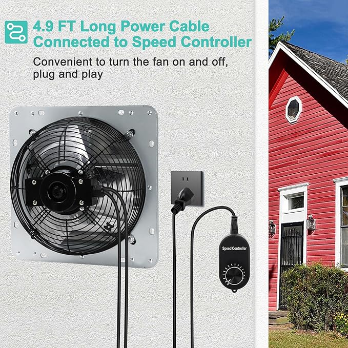 7 Inch Shutter Exhaust Fan with Speed Controller and Power Cord, Wall Mount Attic Fan for Greenhouses, Sheds, Garages, Chicken Coops, Barns Ventilation, 760 CFM