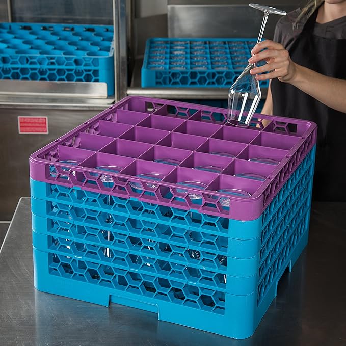CFS RG25-5C414 OptiClean 25 Compartment Glass Rack with 5 Extenders, 11.9", Polypropylene, Lavender/CFS Blue