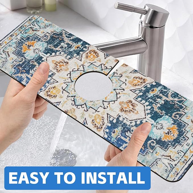 Oriental Blue Turkish Carpet Pattern Sink Faucet Absorbing Mat Sink Splash - Image 6