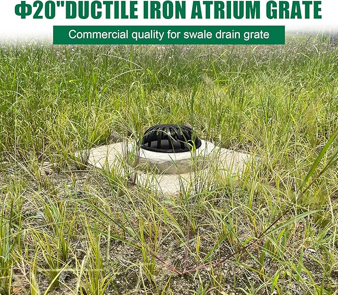 20in Ductile Iron Atrium Drain Grate and Frame, Dome Durable Metal Overflow Relief Gully Dome Grate with Bolted Down Base, Cast Iron Sewage Drain Grates for Garden,Yard,Lawn(Overall Size 23")