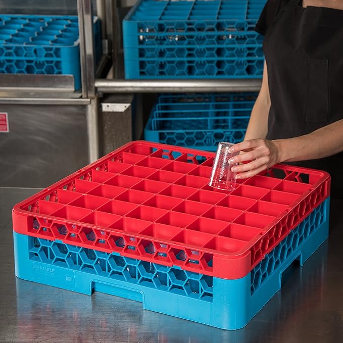 CFS RG49-1C410 OptiClean 49 Compartment Glass Rack with 1 Extender, 5.56", Polypropylene, Red/CFS Blue