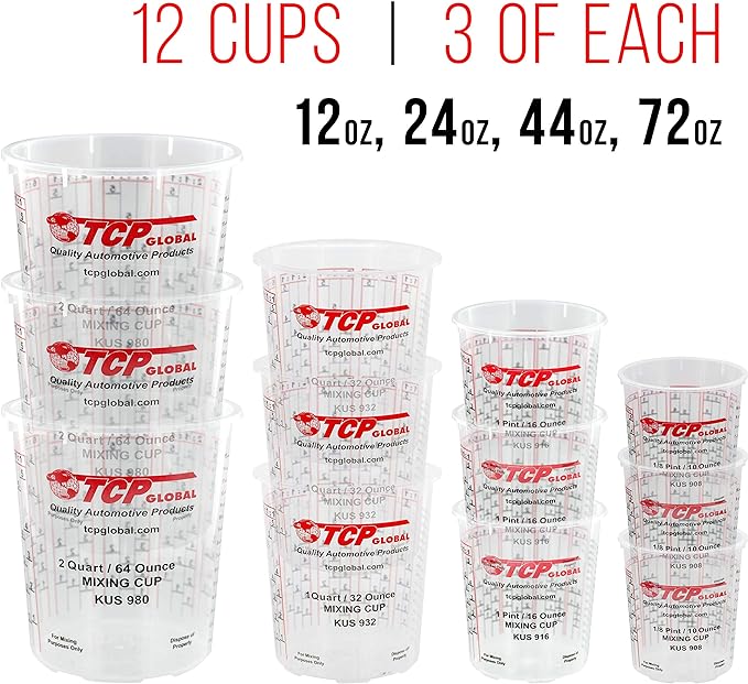Pouring Masters Paint Mixing Cup Kit - 12 Plastic Paint Cups (3 of Each Size 12, 24, 44, 72 Ounce), Sticks, Strainers, Tack Cloths, Mixer Blade & Can Opener - Epoxy Resin Mixing Cups for Measuring