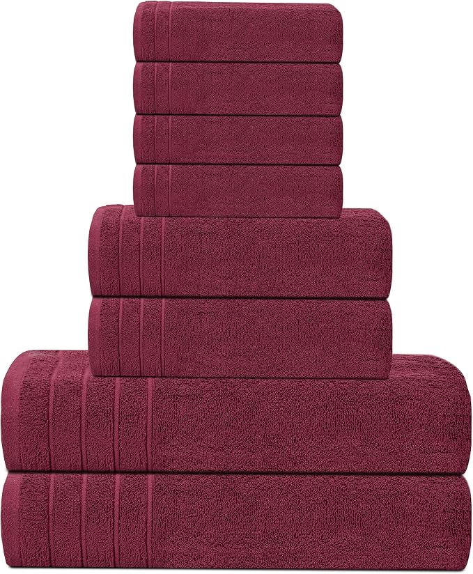 8 Piece Towel Set, 2 XL Bath, 2 Hand, 4 Washcloth, Burgundy | 100% Cotton - Image 5