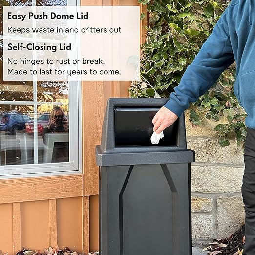 32 Gallon Square 100% Recycled Plastic Heavy Duty Indoor or Outdoor Commercial Trash Can with Push Lid | Great for Schools and Businesses - Brown
