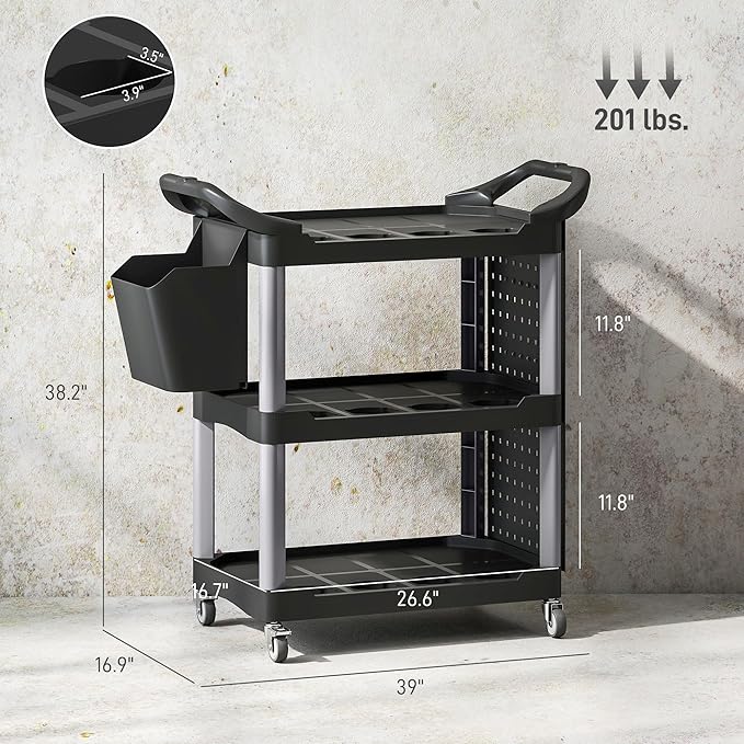 HOMCOM 3 Tier Utility Cart on Wheels, Rolling Tool Storage with Pegboards and Bucket, 200 LBS Load Capacity Plastic Service Cart for Garage, Warehouse, Workshop, Black and Light Gray