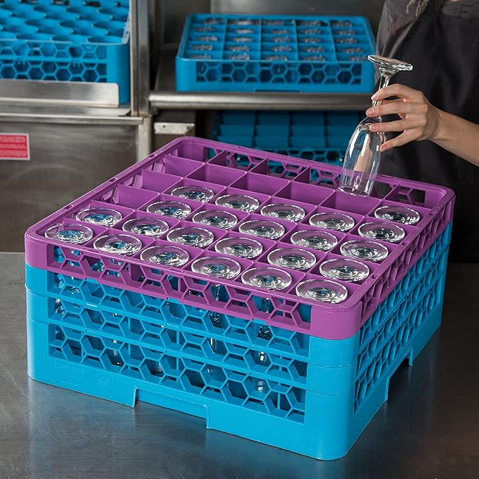 CFS RG36-3C414 OptiClean 36 Compartment Glass Rack with 3 Extenders, 8.72", Polypropylene, Lavender/CFS Blue