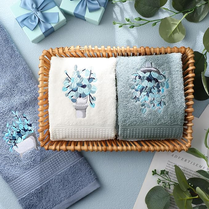 3 Pcs Blue Eucalyptus Leaves Hand Towels Botanical Bathroom Decor | Embroidered - Image 6