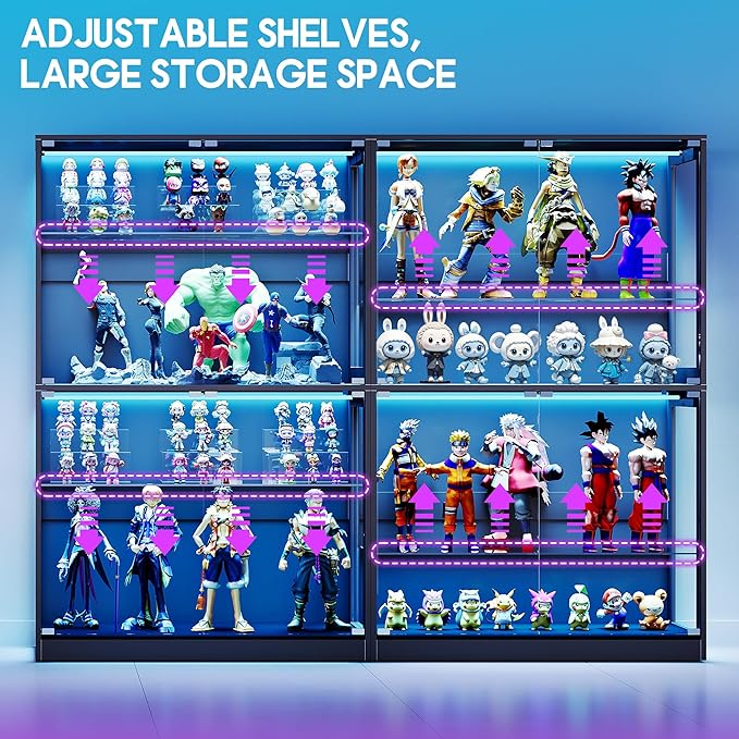 AMERLIFE RGB Display Cabinet with Adjustable Glass Shelves, 4-Tier Storage Case with LED Lights & Press-to-Open Doors, Modern Display Shelf for Collectibles, Black 70" H×45" L×16" D