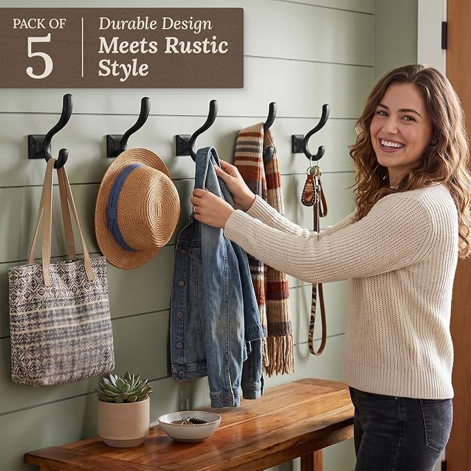Rustic Wall Hooks for Hanging Cast Iron Black Coat Hooks Wall Mounted - Image 2