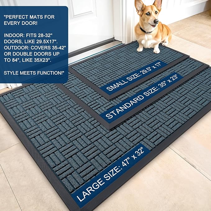 OLANLY Front Door Mat Outside Entrance 59x23, Absorbent, Heavy Duty Sturdy Natural Rubber Doormat Indoor Outdoor, Non-Slip, Stain and Fade Resistant, Low Profile Floor Mat for Entryway, Lake Blue