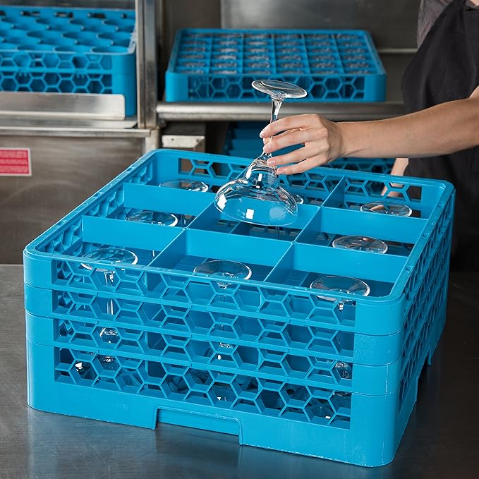 Carlisle FoodService Products RG9-314 OptiClean 9 Compartment Glass Rack with 3 Extenders, 8.72", Blue, Polypropylene, Blue