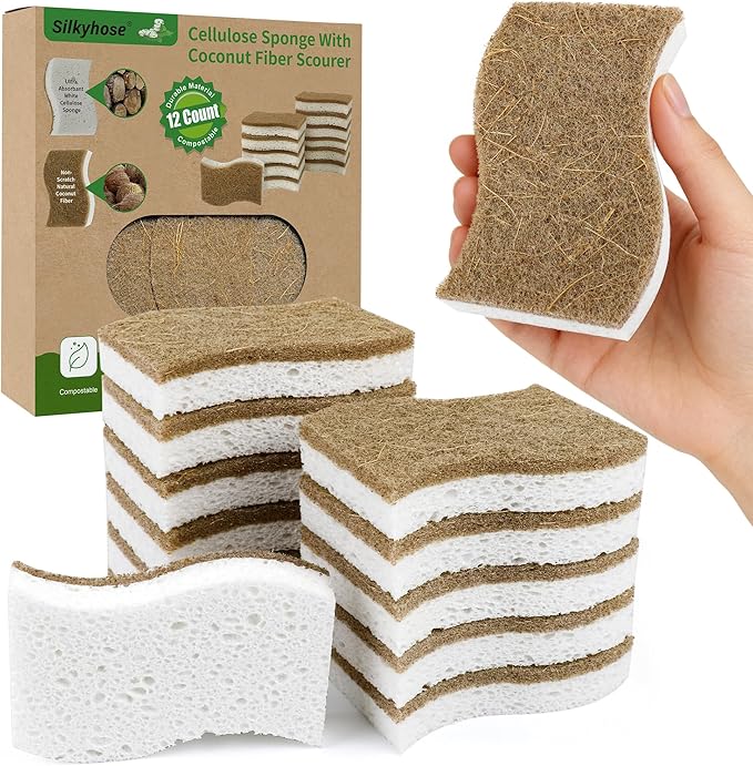 Silkyhose 12 Pack Natural Kitchen Sponges, Cellulose Coconut & Non-Scratch | by Silkyhose