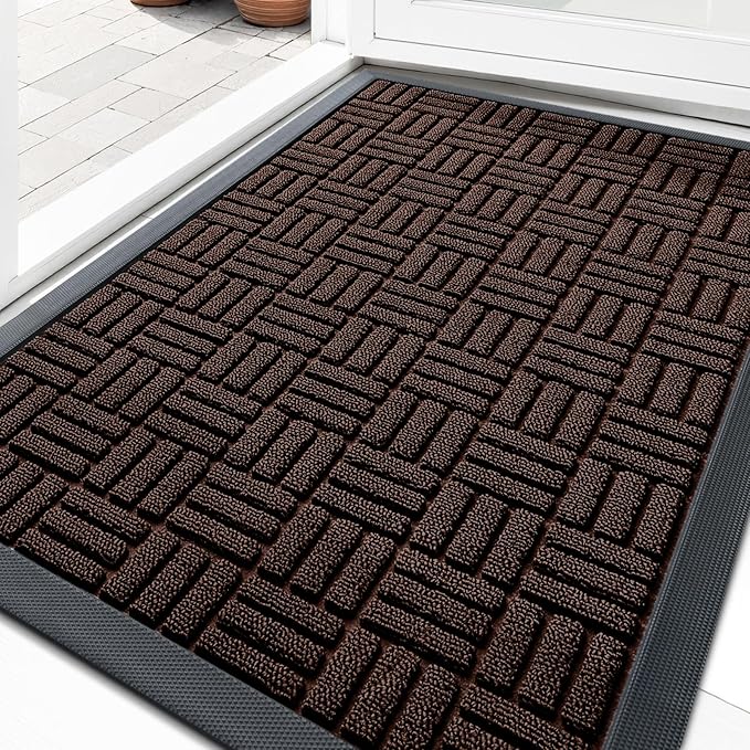 OLANLY Front Door Mat Outside Entrance 33x21, Absorbent, Heavy Duty Sturdy Natural Rubber Doormat Indoor Outdoor, Stain and Fade Resistant, Non-Slip Backing Low Profile Floor Mat for Entryway, Brown