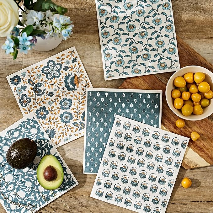 RECYCO Swedish Dishcloths for Kitchen | 5 Pack Indigo Petals Washable Dish Rags - Image 2