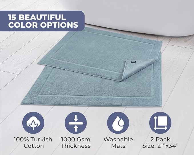Hawmam Linen Light Blue Bath Mats, 21 x 34 inches, Banded Design, Highly - Image 3