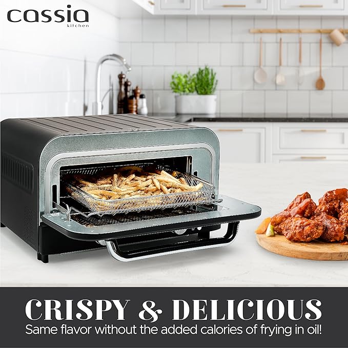Cassia Countertop Electric Air Fryer Pizza Oven, 12" Capacity, 20L, 1800W, Heats up to 750°F, 16 Presets, Includes Pizza Stone, Peel, Fry Basket, Black