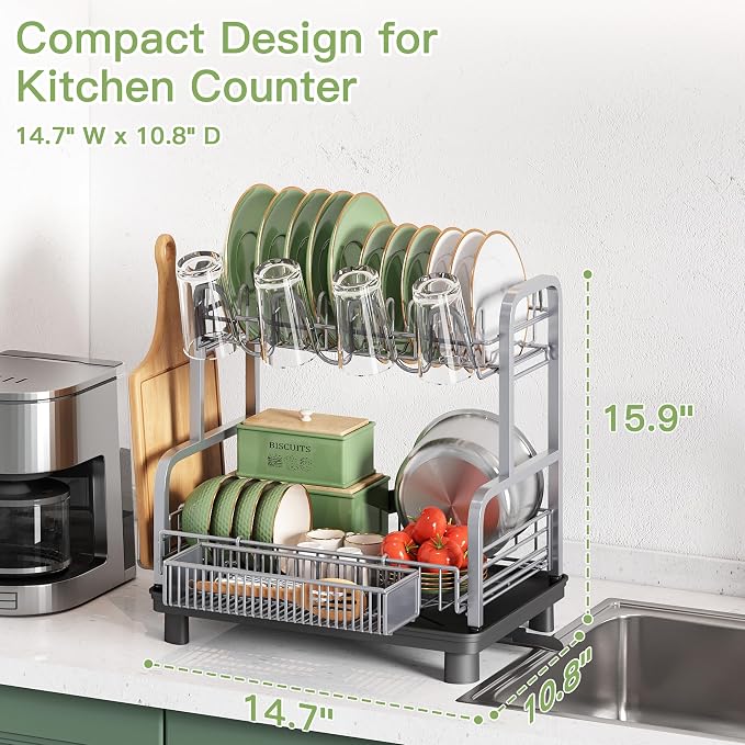 BOOSINY 2 Tier Dish Drying Rack and Drainboard Set - Image 5