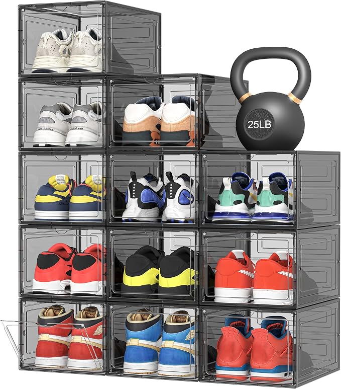Pinkpum Upgraded Hard Shoe Storage Box 12 Pack XL Clear Shoe Organizer by Pinkpum