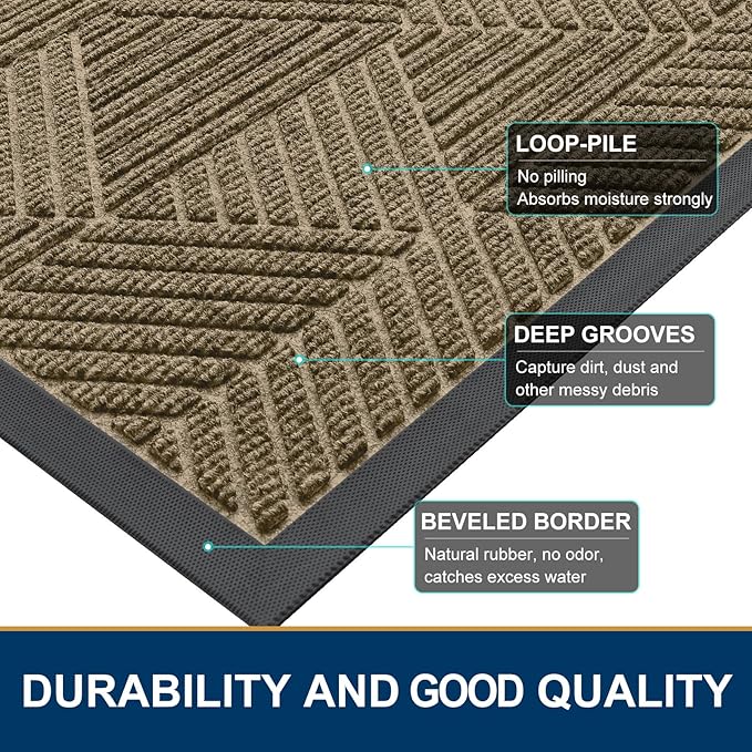 Smiry Front Door Mat Outside Entrance, Heavy Duty Sturdy Natural Rubber Doormat, Trap Dirt and Moisture, Easy Clean Low Profile Mats for Indoor Outdoor Entry, Irregular Triangle (29.5x17, Camel)