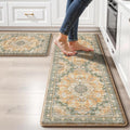 Boho Kitchen Mats for Floor 2 Piece Set Anti Fatigue Cushioned PVC Kitchen Rugs Non Slip Waterproof Farmhouse Mats 2/5 Inch Comfort Standing Mat for Sink, Laundry, 17.3"x59"+17.3"x28", Green Orange