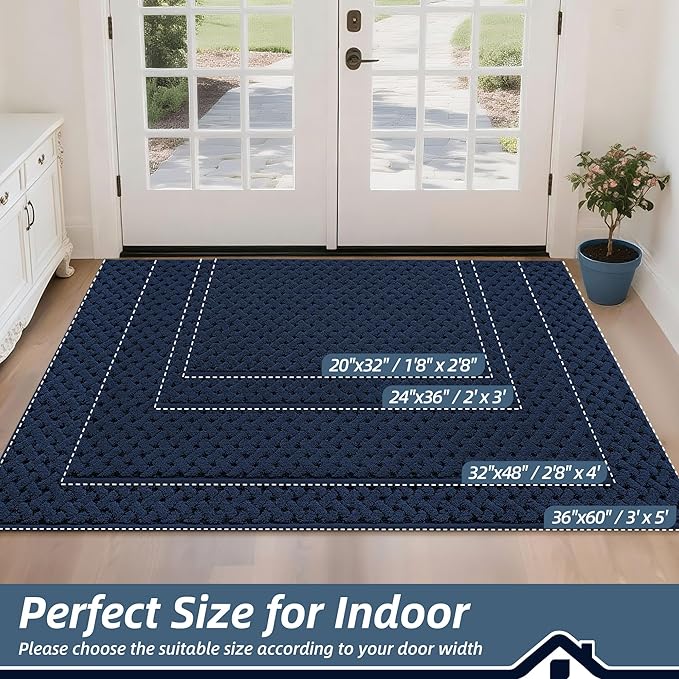 BEQHAUSE Dirt Trapper Door Mat Non-Slip Entryway Rugs Stain Resistant Absorbent Dog Doormats Woven-Look Washable Welcome Floor Doormat for Front Back Door, Muddy Wet Shoes & Paws, 24" x 36", Blue