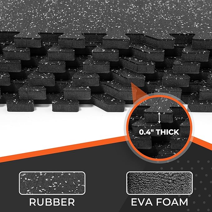 SUPERJARE 0.4'' Thick 6 Pcs 24 Sq Ft Rubber Top Exercise Equipment Mats, High Density EVA Foam Mats with Rubber Top, Interlocking Gym Flooring for Home Gym, Protective Workout Mat, Black/Grey
